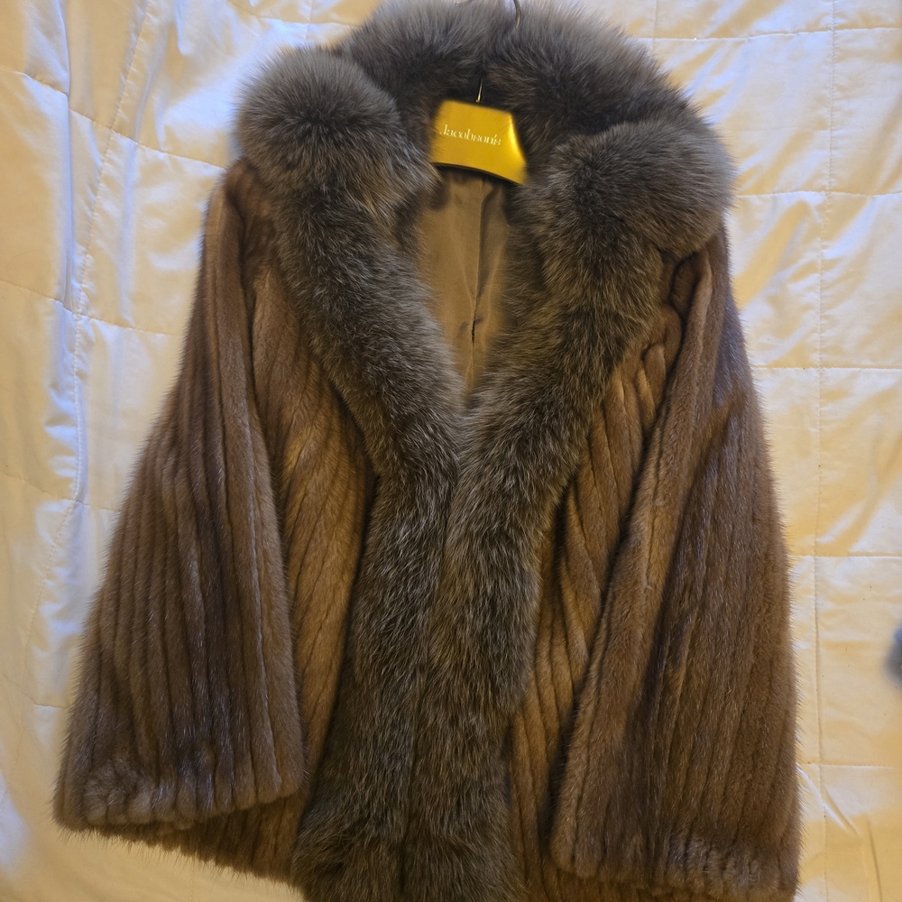Fur Coat Jacobson Saga Mink Furs Chestnut Brown Mink Coat with Grey Fox Trim